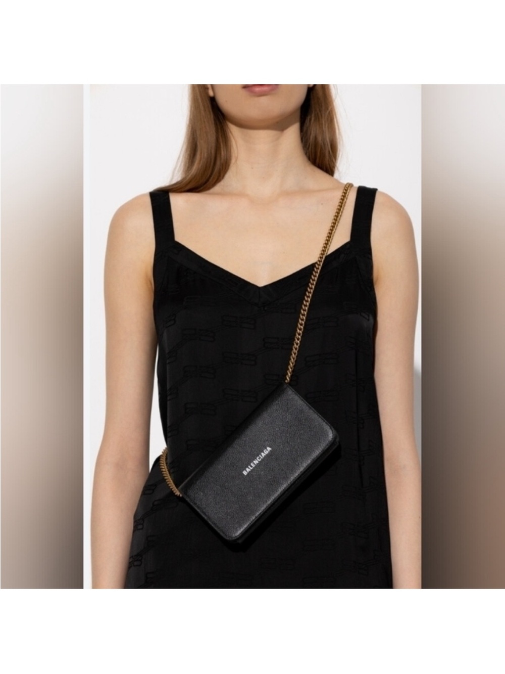 Balenciaga Black Leather Crossbody Wallet with Gold Chain